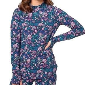 New Denim & Co Adaptive Floral Jersey Mock Neck Long Sleeve Top Blue Size Medium